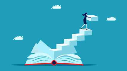 Personal development book. Businesswoman building a book ladder. vector illustration