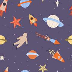 Naklejka premium Seamless childish pattern with space elements. Creative background with astronaut flying among rockets and planets. Design of galaxy print for kids abric, wrapping, wallpaper, textile, apparel