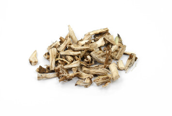 herbal medicine - dry ingredient chicory root, for the preparation of medicinal broth, isolated, white background