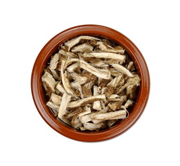 herbal medicine - dry ingredient chicory root, for the preparation of medicinal broth in a cup, isolated, white background