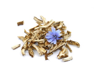 herbal medicine - dry ingredient chicory root, for the preparation of medicinal broth, isolated, white background - obrazy, fototapety, plakaty