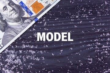 MODEL - word (text) on a dark wooden background, money, dollars and snow. Business concept (copy space).