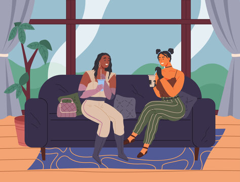 Teenager talk with friend, two woman communicate. Leisure at home. Girl speaking with sister sitting at home on couch. Female characters sit on sofa, drink cocktail colourful scene in club party