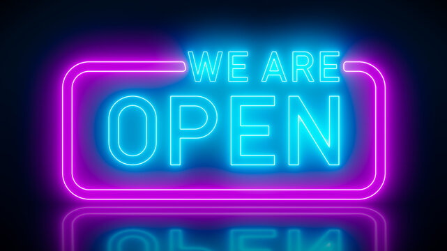Illustation of glowing neon sign with message, we are open in blue and magenta