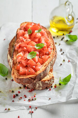 Tasty and cipsy bruschetta for healthy breakfast.
