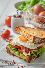 Tasty and homemade toasted sandwich with bacon, mayonnaise and egg.