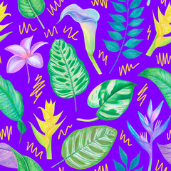 Fototapeta na wymiar Tropical flowers seamless pattern purple background, hand drawn exotic plants illustration