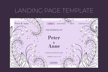 Floral wedding Landing page template in hand drawn doodle style, invitation card design with line flowers, leaves, fern and dots. Vector decorative frame on white and lilac background.