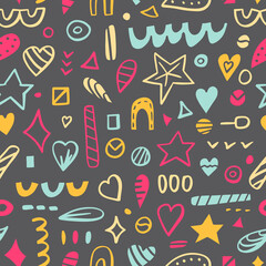 Vector seamless pattern of hand drawn geometric shapes. Abstract background of decorative doodles of hearts, lines, stars and other elements, wallpaper. Modern print for textiles, fabric