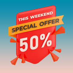 Special Offer 50% 0ff price tag 3d render red and yellow with isolated background