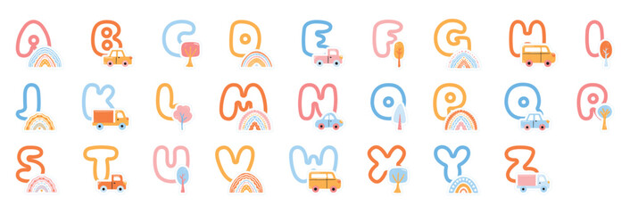 Baby hand drawn alphabet with rainbows, trees and cars. Vector scandinavian font set.