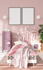 mock up poster frame in modern interior background, Children room, Mixed style, 3D render