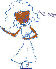 In the image, the lady makes a gesture with her hand, inviting guests.