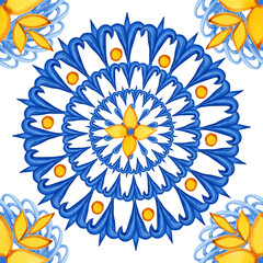 Majolica watercolor seamless pattern. Sicilian hand drawn ornament. Traditional blue and yellow ceramic tiles. Portuguese traditional azulejo pattern. Moroccan style.