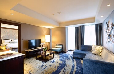 White and Gold Luxury Elegant Living Room Interior with Sky View Hotel and Apartment
