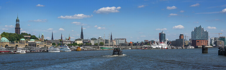 Skyline of Hamburg, panorama with churches, buildings, ships and Elbphilharmonie, seen from the...