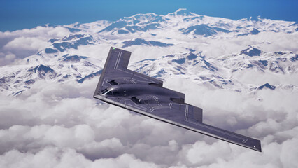 Stealth bomber under mountains