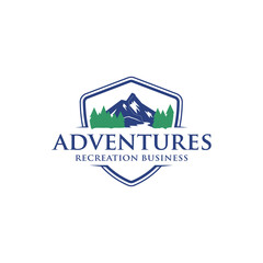 mountain peak logo design, adventures hill vector.green pine forest and river concept template
