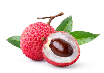 Juicy Lychee with cut in half isolated on white background. Clipping path.