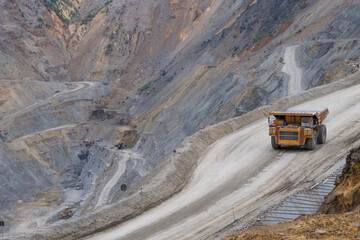 Mine copper Majdanpek, one of the largest copper mines owned by Chinese company Zijin Mining. Damper trucks and excavators digging and transporting ore in Majdanpek, Bor, Serbia 06.06.2022