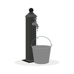 Water dripping from a street water column into an empty bucket on a white background