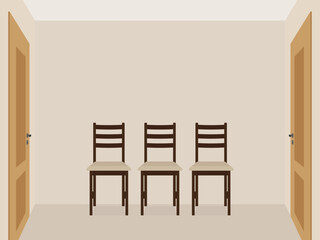 Three chairs in an empty room with two doors