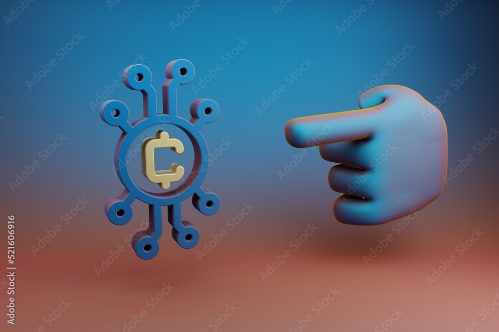 Fototapete Beautiful illustrations abstract Hand index finger points to Blockchain Token symbol icon on a multicolor bright background. 3d rendering illustration. Background pattern for design. .