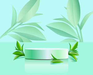 Stage with pedestal. Shades of green, the natural colors of the foliage. Modern scene for demonstration of cosmetic products. Showcase, Display case. Vector illustration