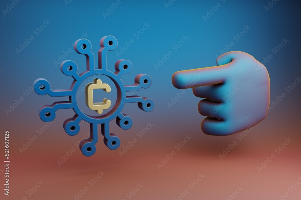 Fototapete Beautiful illustrations abstract Hand index finger points to Blockchain Token symbol icon on a multicolor bright background. 3d rendering illustration. Background pattern for design. .
