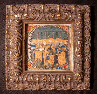 An illuminated painting, Spanish, C15th and dated within the painting to 1505. Showing the Saints of the Catholic Church, especially St James, the patron saint of Spain. 