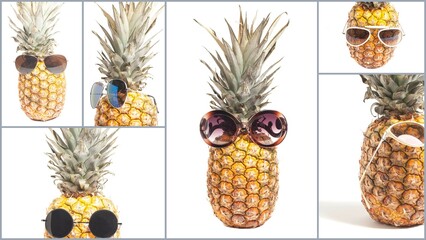 Collage with pineapple wearing sunglasses. Summertime vacation holiday eating healthy concept.