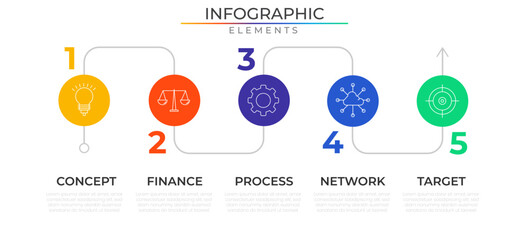 Modern connect five steps infographic elements concept design vector with icons. Business workflow network project template for presentation and report.