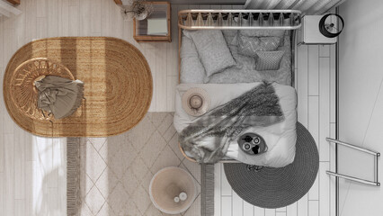 Architect interior designer concept: hand-drawn draft unfinished project that becomes real, boho chic farmhouse bedroom with rattan bed and wooden furniture. Top view, pan, above