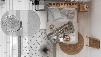 Architect interior designer concept: hand-drawn draft unfinished project that becomes real, boho chic farmhouse bedroom with rattan bed and wooden furniture. Top view, pan, above