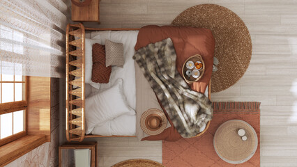 Wooden farmhouse bedroom in boho chic style. Rattan bed and furniture in white and orange tones. Country wallpaper, vintage interior design. Top view, plan, above