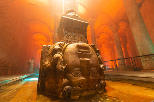 The Medusa Head Pillar in Basilica Cistern or Yerebatan Sarnici in wide angle