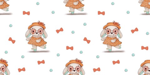 Hand drawn illustration of a cute dancing rabbit girl in a dress and hat. Whimsical  bunny character. Seamless pattern 