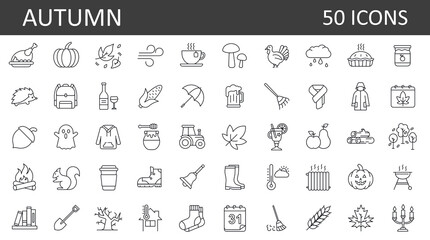 Set of 50 autumn outline icons. Collection of fall related objects, plants and animals, holidays, celebrations. Seasonal vector symbols.