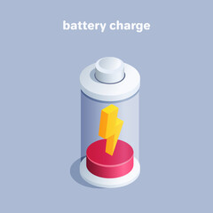 isometric vector illustration on gray background, battery icon with one red division and lightning, battery charging