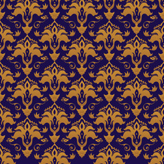 Fototapeta premium Vector damask seamless pattern in royal blue background. Elegant luxury texture for wallpapers, backgrounds and page fill