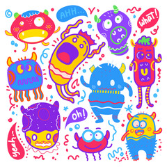 Doodle cute monster sticker icons hand drawn coloring vector illustration