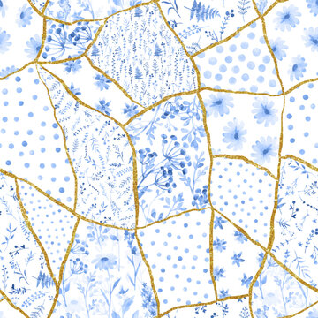 Beautiful vector seamless patchwork floral pattern with watercolor hand drawn flowers. Stock illustration.