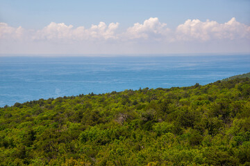 Aerial view of of the nature reserve Mali Utrish and Black Sea on sunny summer day