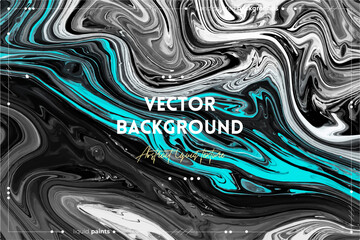 Fluid art texture. Backdrop with abstract swirling paint effect. Liquid acrylic picture that flows and splashes. Mixed paints for website background. Black, white and aquamarine overflowing colors.