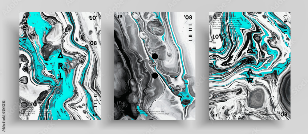 Wall mural Abstract vector banner, texture set of fluid art covers. Trendy background that can be used for design cover, invitation, flyer and etc. Aquamarine, white and black creative iridescent artwork.