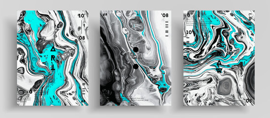 Abstract vector banner, texture set of fluid art covers. Trendy background that can be used for design cover, invitation, flyer and etc. Aquamarine, white and black creative iridescent artwork. - 521610533