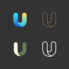 Collection of abstract U letters. Colorful and outline icons, signs design concept isolated on dark background. Vector illustration.