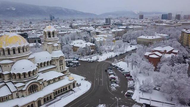 Aerial view of the famous St. Alexander Nevsky Cathedral on a cold winter day