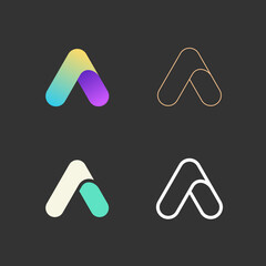Letter A logo vector set. Abstract icons, signs, logotypes in different styles isolated on black background.