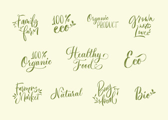 Set of hand drawn brush modern calligraphy. Handwritten lettering logo, label, badge, emblem for organic food, products packaging, farmer market, eco labels, vegan shop, cafe. Vector